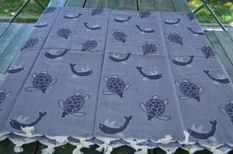 Sea Turtles and Dolphins Gray 100% Cotton Towel