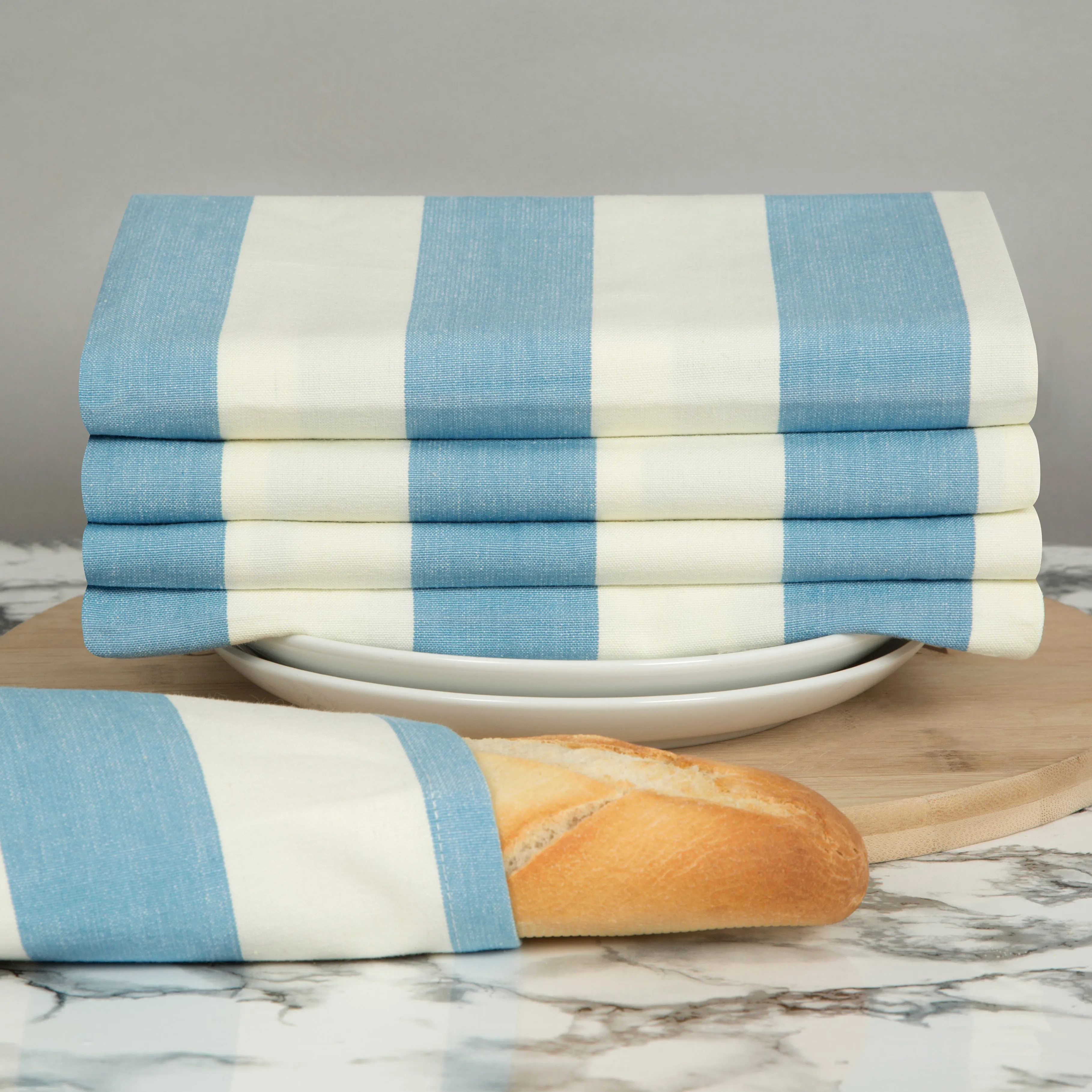 Set of 5 Woven Striped Cotton Tea Towels in Three Colours - Cornwall Chic