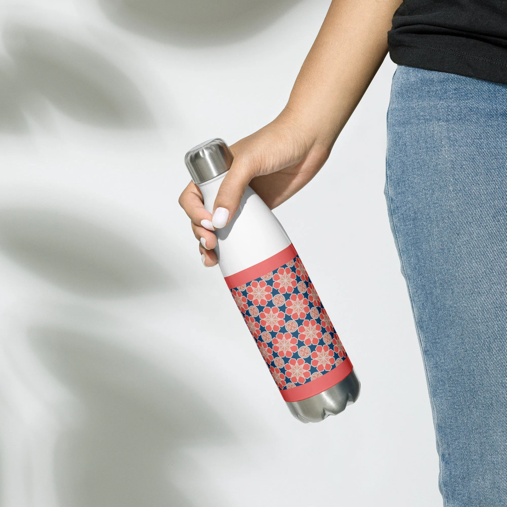 Stainless Steel Water Bottle - Geometric Arabesque Mashup in Pink