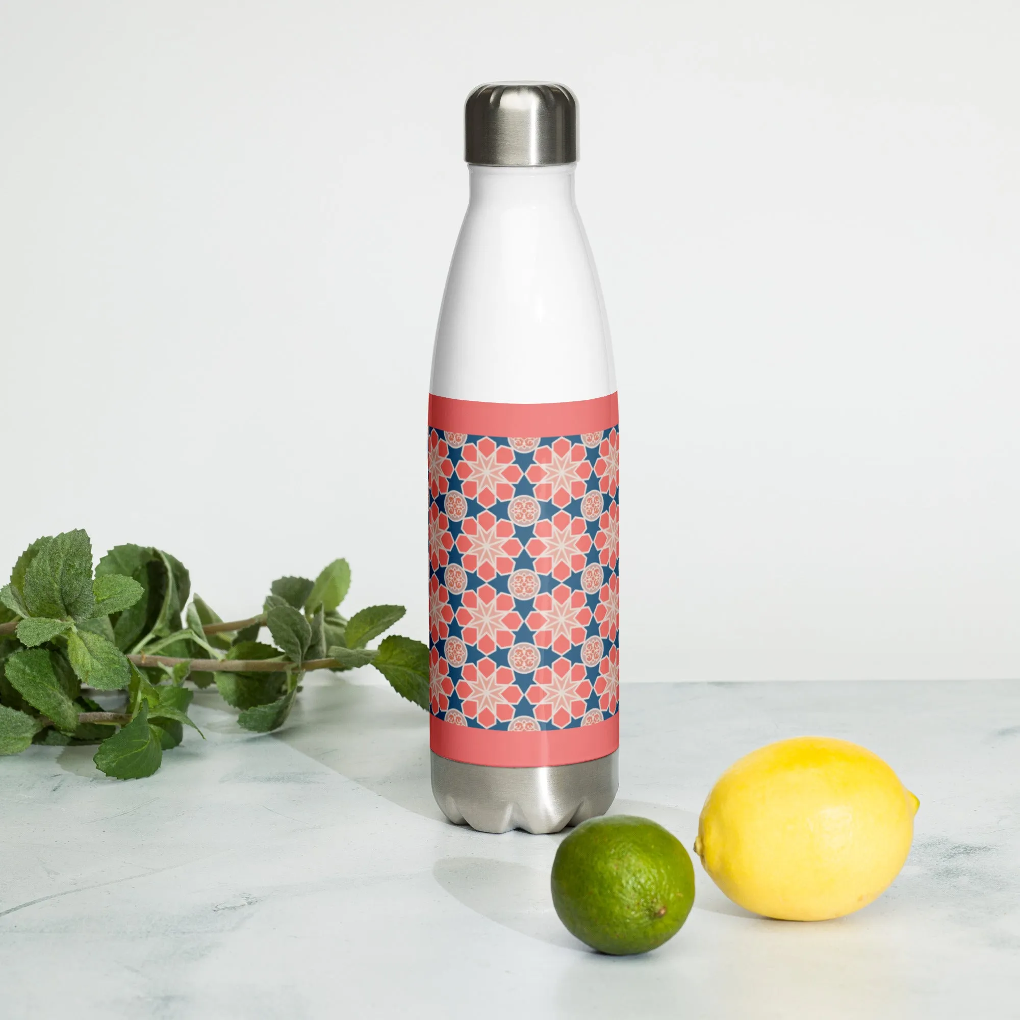 Stainless Steel Water Bottle - Geometric Arabesque Mashup in Pink