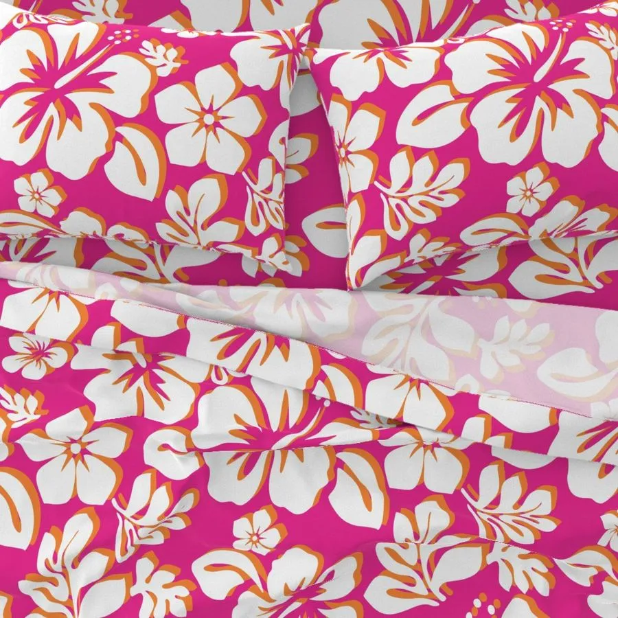 Surfer Girl Pink, Juicy Orange and White Hawaiian Flowers Sheet Set from Surfer Bedding™️ Medium Scale