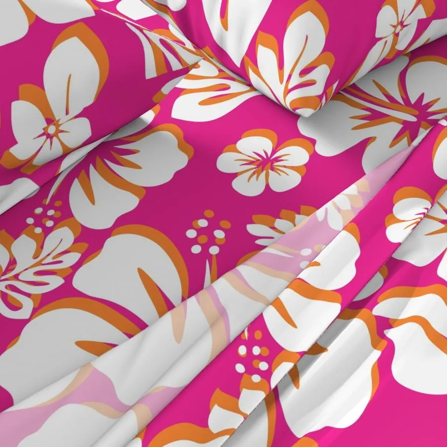 Surfer Girl Pink, Juicy Orange and White Hawaiian Flowers Sheet Set from Surfer Bedding™️ Medium Scale