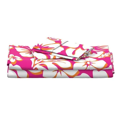 Surfer Girl Pink, Juicy Orange and White Hawaiian Flowers Sheet Set from Surfer Bedding™️ Medium Scale