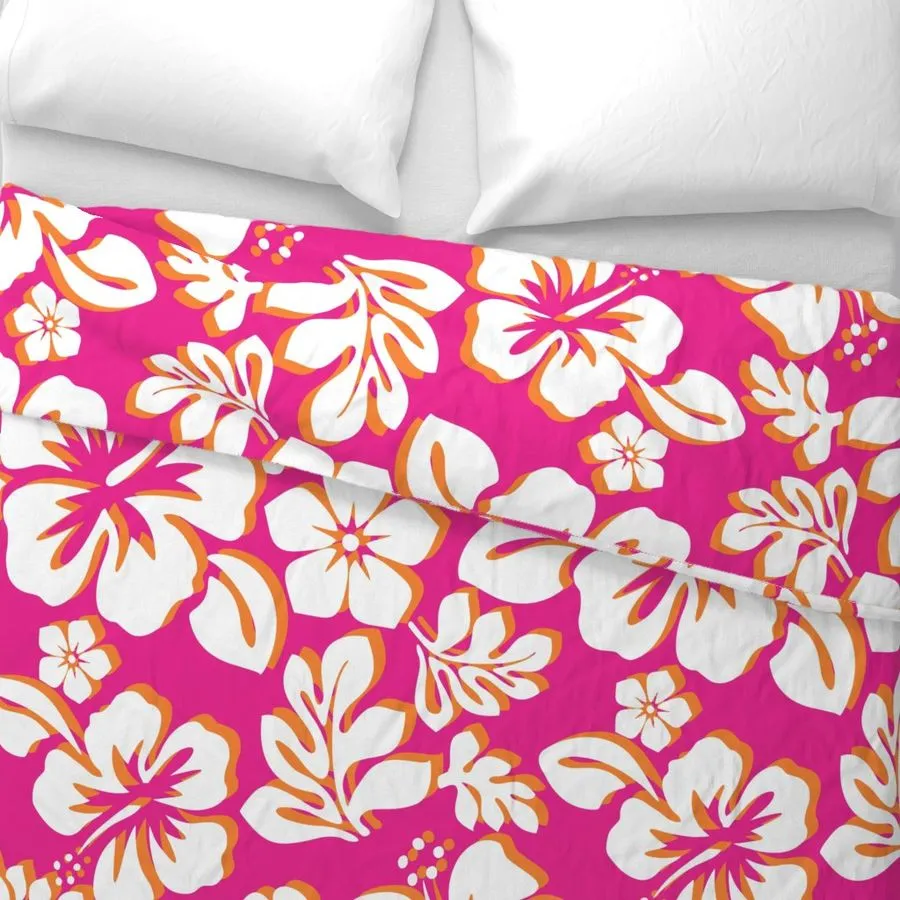 Surfer Girl Pink, Juicy Orange and White Hibiscus and Hawaiian Flowers Duvet Cover -Medium Scale