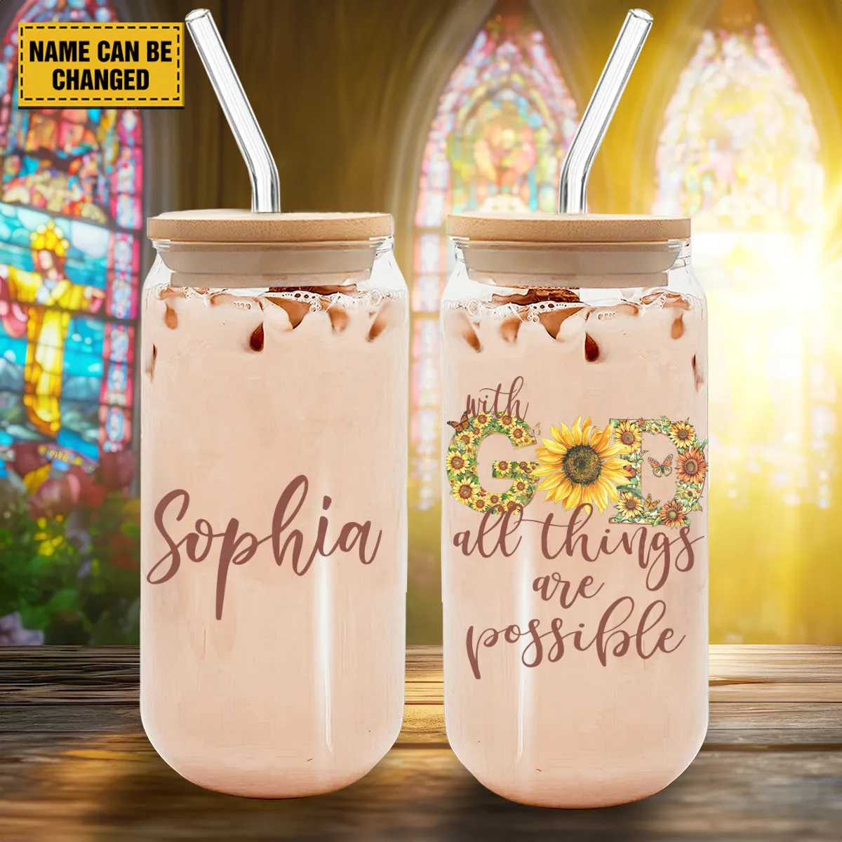 Teesdily | Customized Jesus Sunflower Glass Can With Straw, With God All Things Are Possible Mug Coffee, Christ Frosted Glass Can, Christian Art Gift