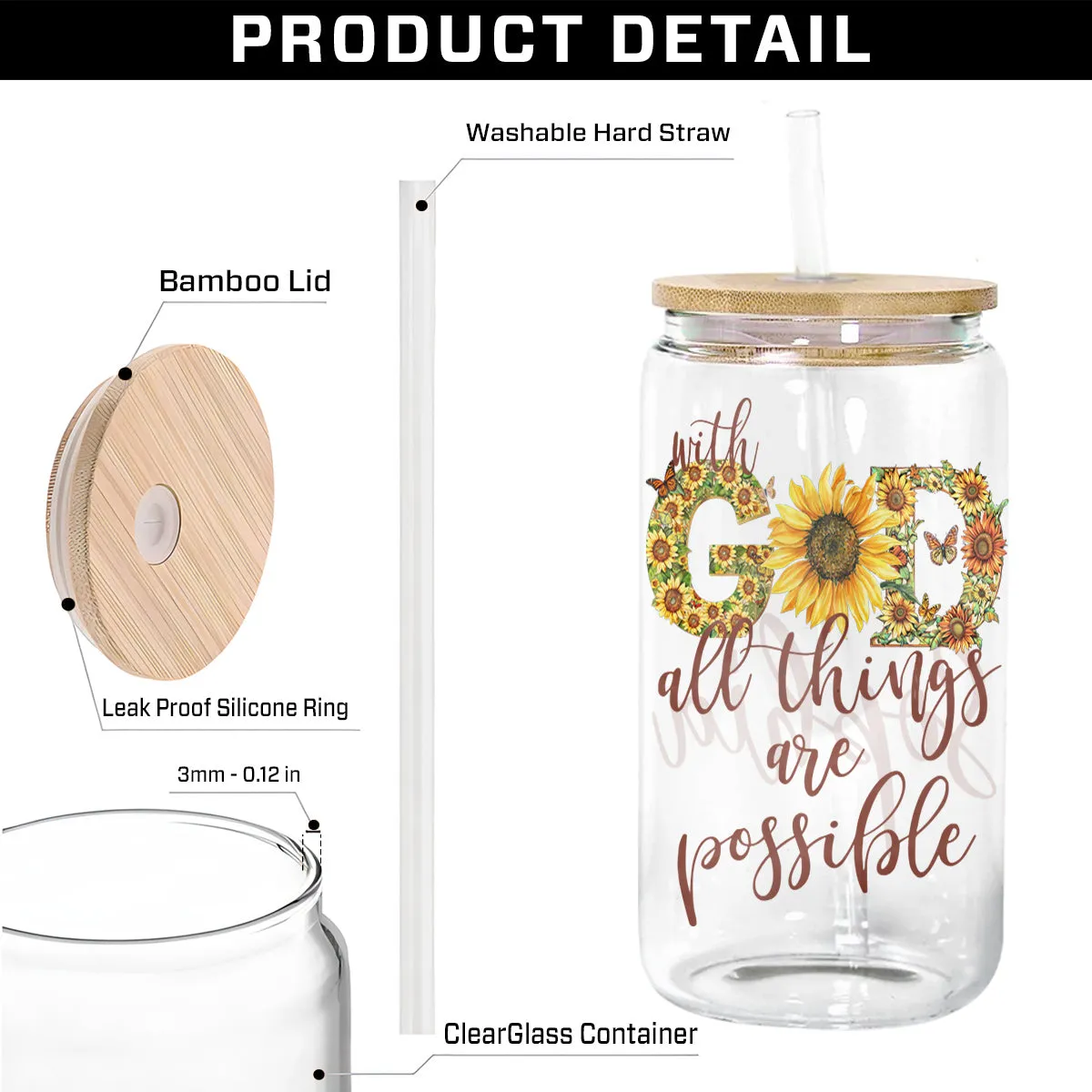 Teesdily | Customized Jesus Sunflower Glass Can With Straw, With God All Things Are Possible Mug Coffee, Christ Frosted Glass Can, Christian Art Gift