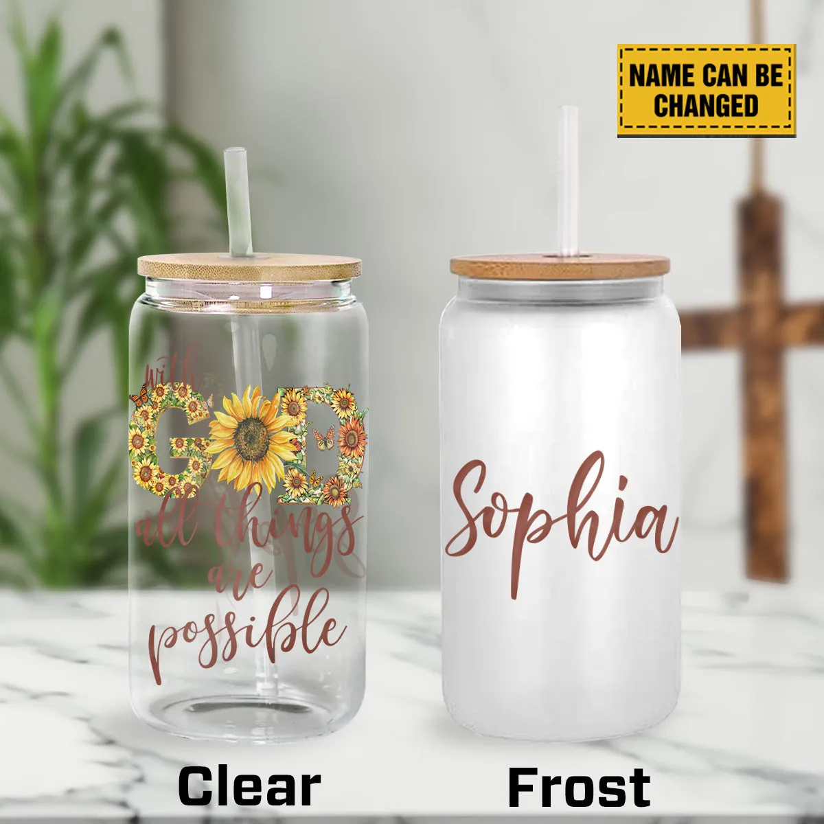 Teesdily | Customized Jesus Sunflower Glass Can With Straw, With God All Things Are Possible Mug Coffee, Christ Frosted Glass Can, Christian Art Gift