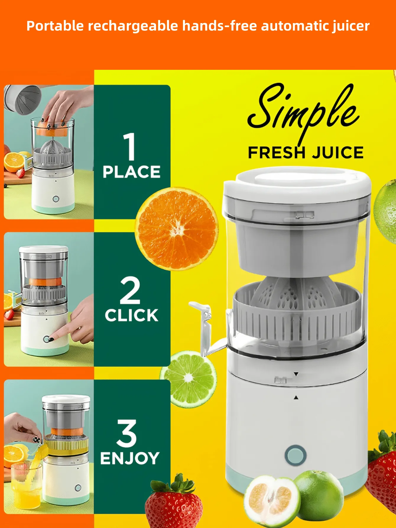 Usb Rechargeable Electric Juicer, Orange/Lemon Presser With High Juice Yield