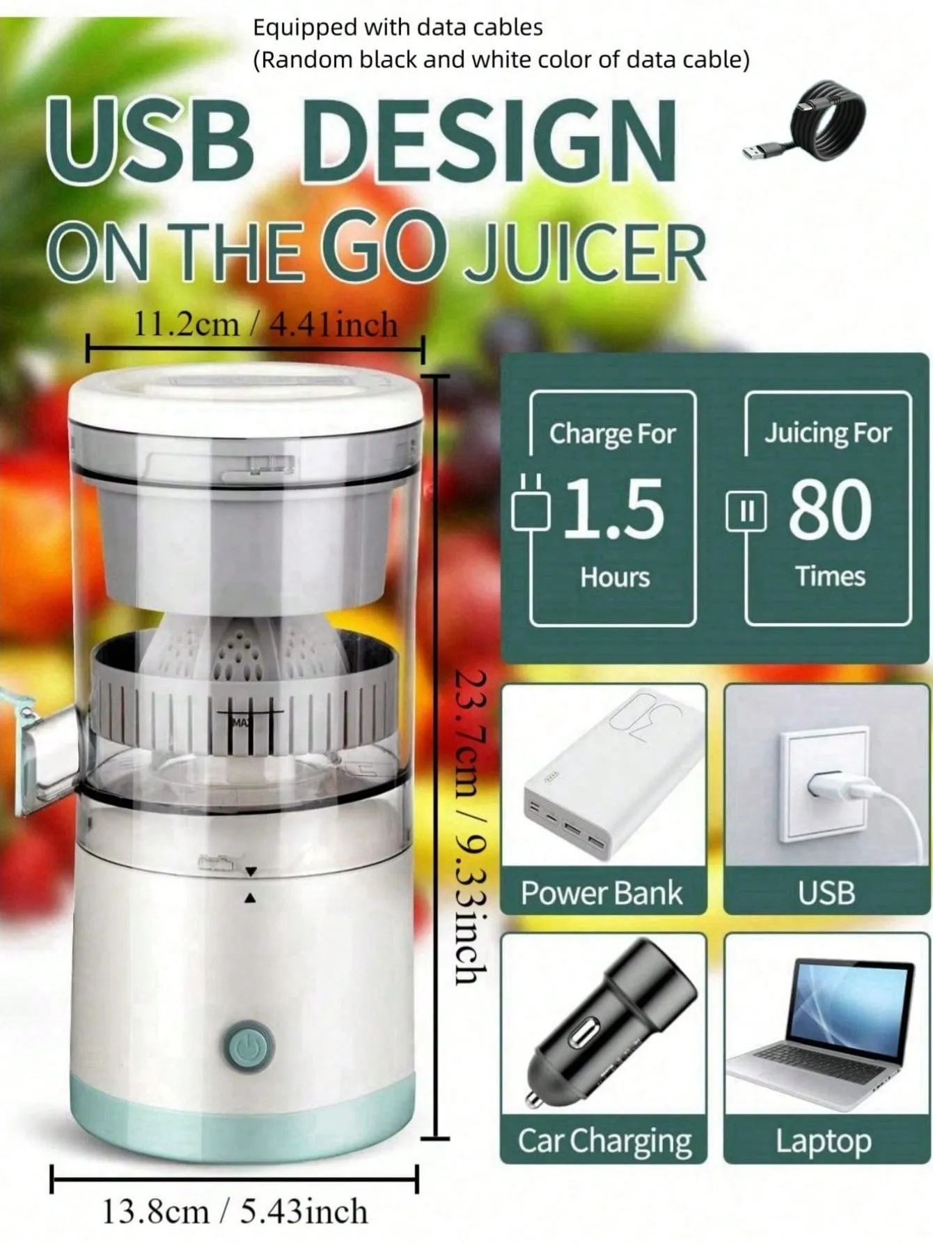 Usb Rechargeable Electric Juicer, Orange/Lemon Presser With High Juice Yield