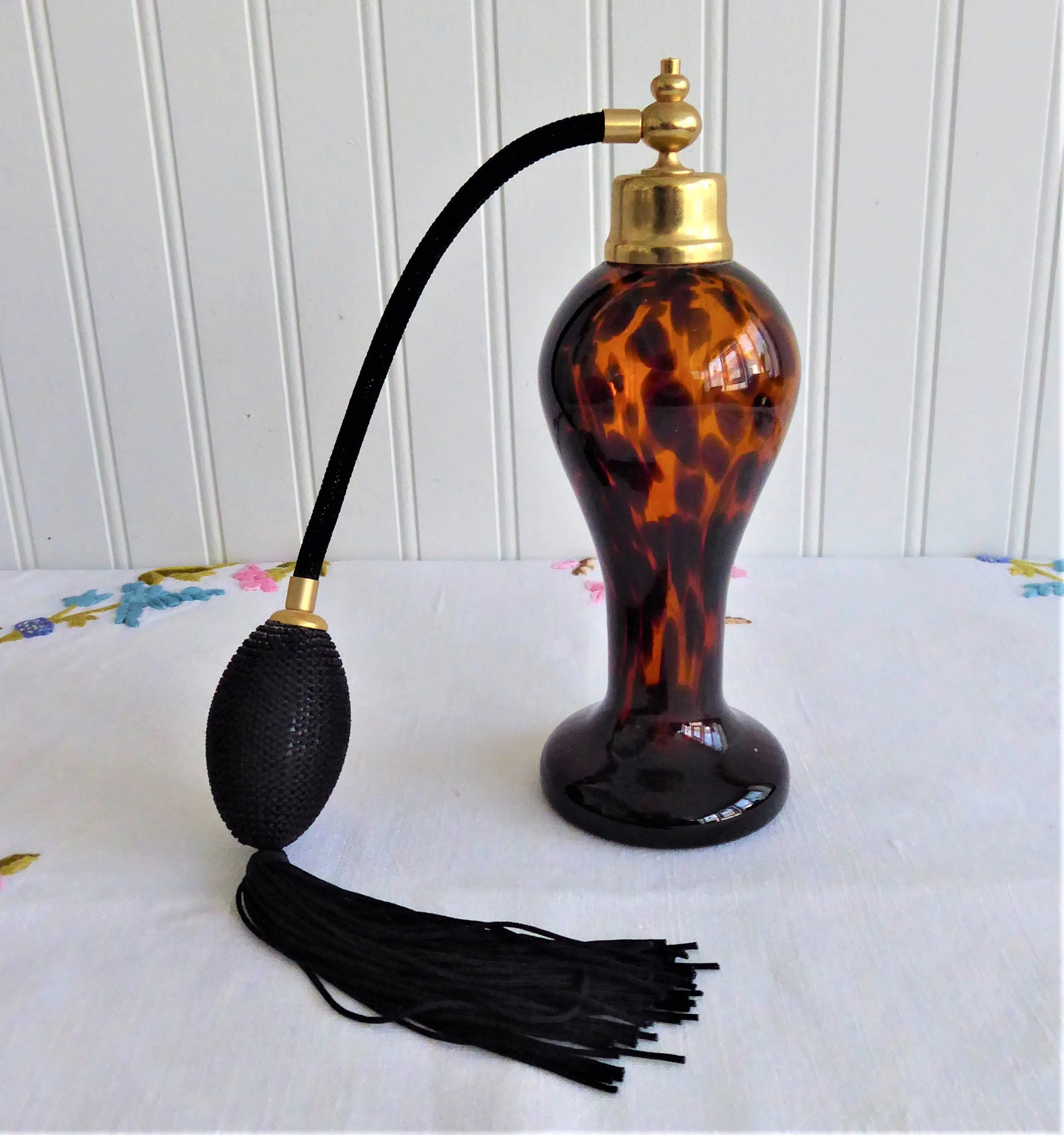 Vintage Perfume Atomizer Bottle Faux Tortiseshell Glass 1950s Tall Black Silk Fittings Tassel