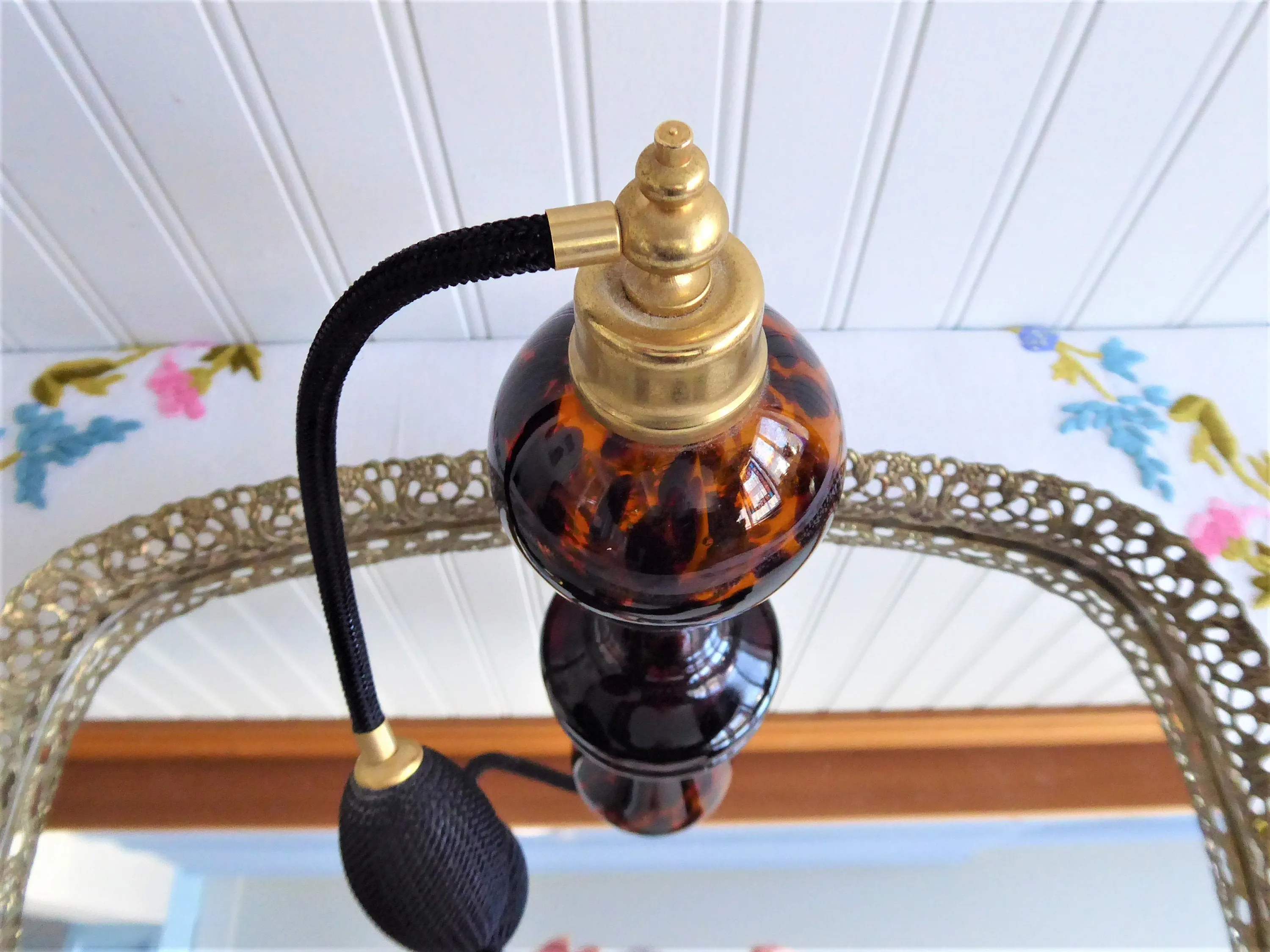 Vintage Perfume Atomizer Bottle Faux Tortiseshell Glass 1950s Tall Black Silk Fittings Tassel