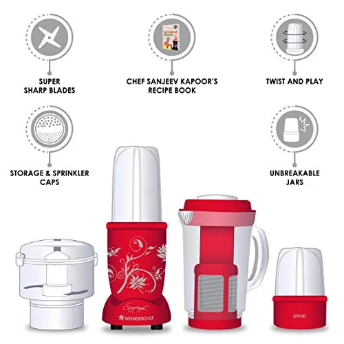 Wonderchef Nutri-Blend, 400W Complete Kitchen Machine (CKM) with 3 Jars (Mixer, Grinder, Juicer, and Chopper) - Red