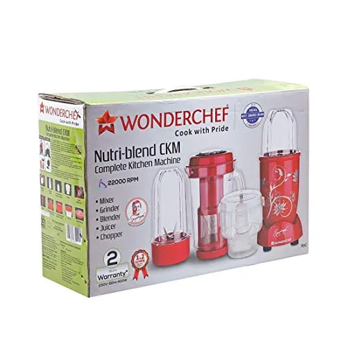 Wonderchef Nutri-Blend, 400W Complete Kitchen Machine (CKM) with 3 Jars (Mixer, Grinder, Juicer, and Chopper) - Red