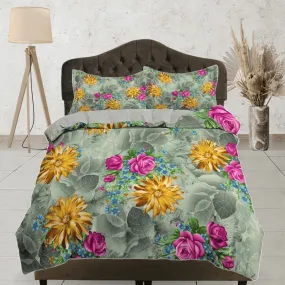 Yellow daisy and pink roses floral duvet cover colorful bedding, teen girl bedroom, baby girl crib bedding boho maximalist aesthetic bedding