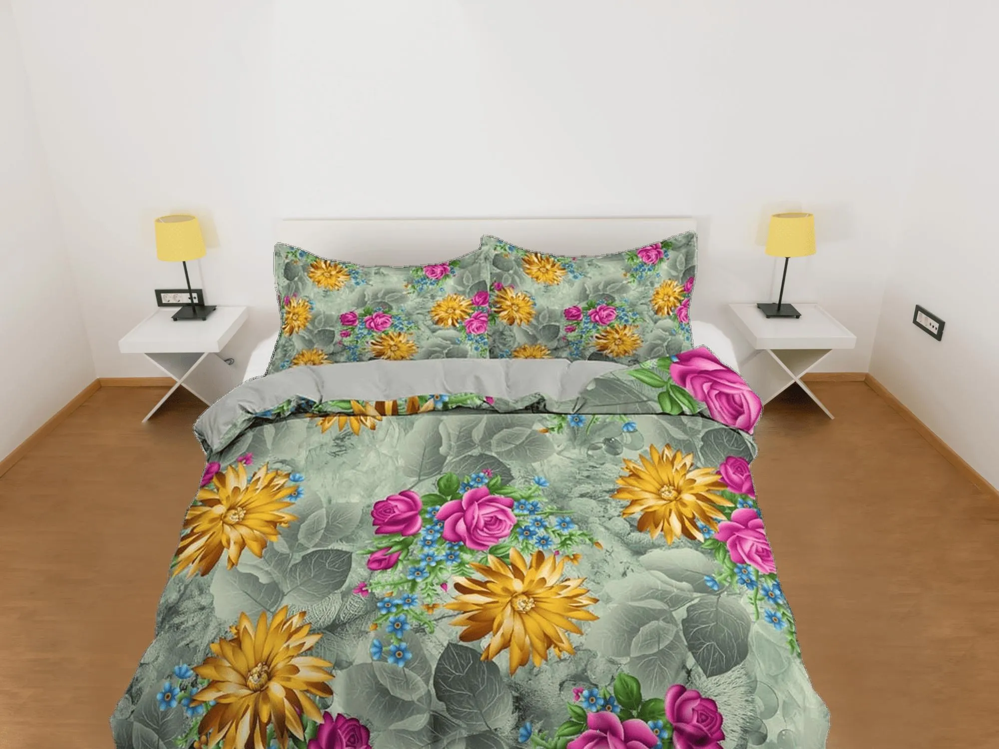 Yellow daisy and pink roses floral duvet cover colorful bedding, teen girl bedroom, baby girl crib bedding boho maximalist aesthetic bedding