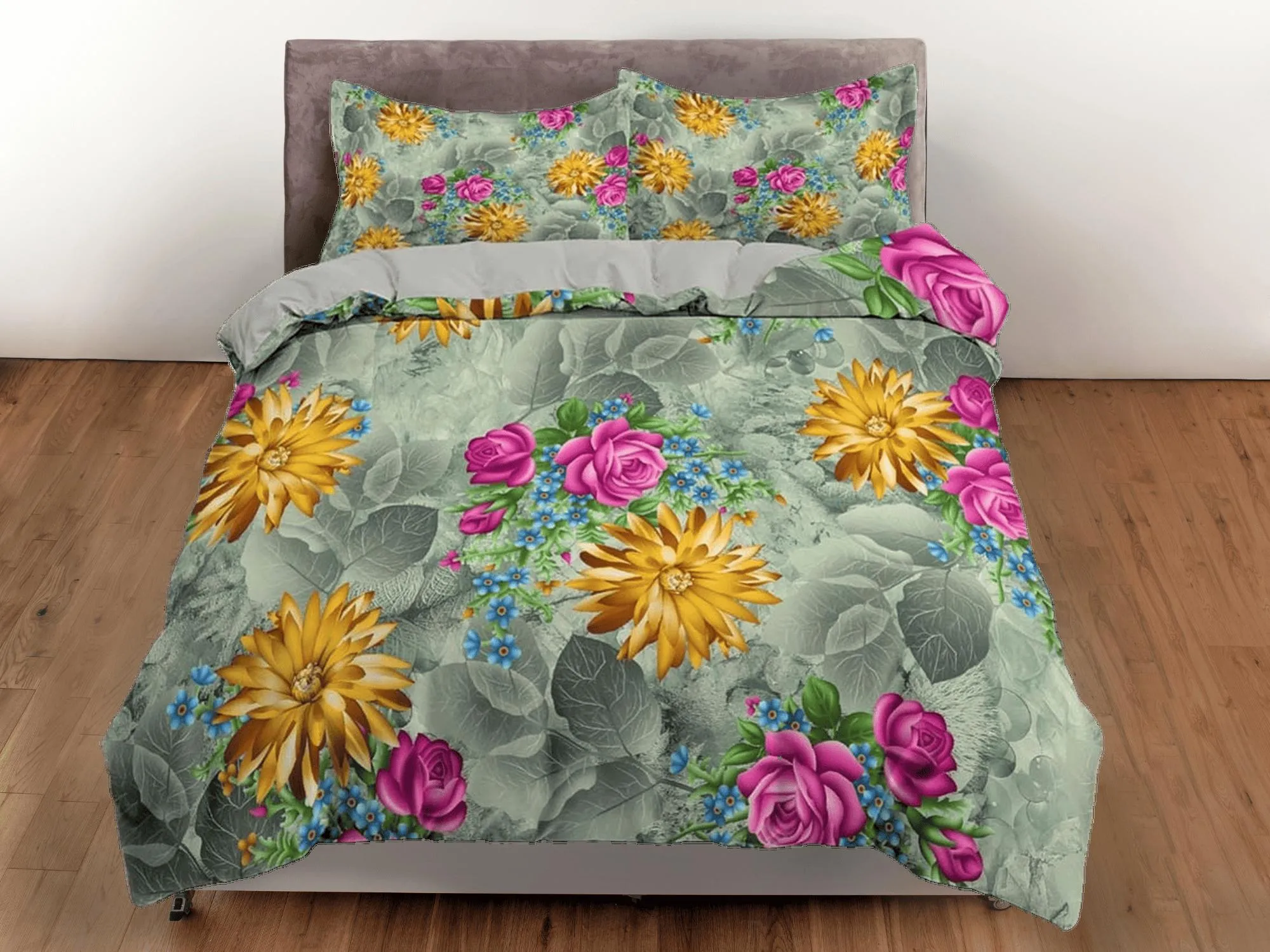 Yellow daisy and pink roses floral duvet cover colorful bedding, teen girl bedroom, baby girl crib bedding boho maximalist aesthetic bedding